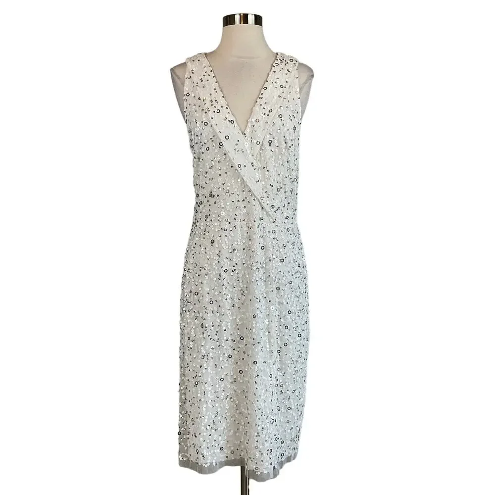 Adrianna Papell Sequin Sleeveless Sheath Cocktail Dress White and Silver Size 8 - Picture 2 of 13
